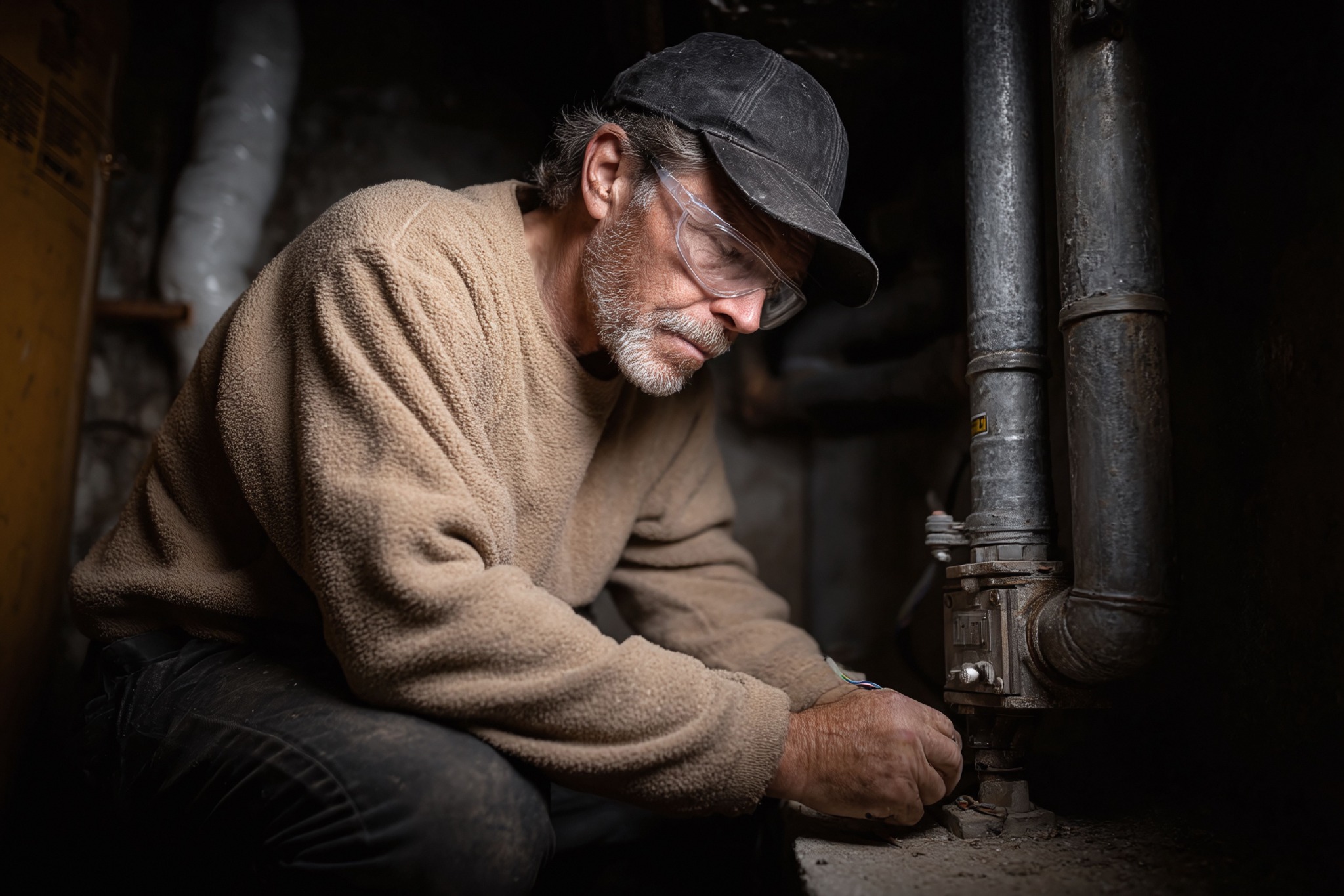 Older man wearing safety glasses working beside exposed pipes during a home renovation