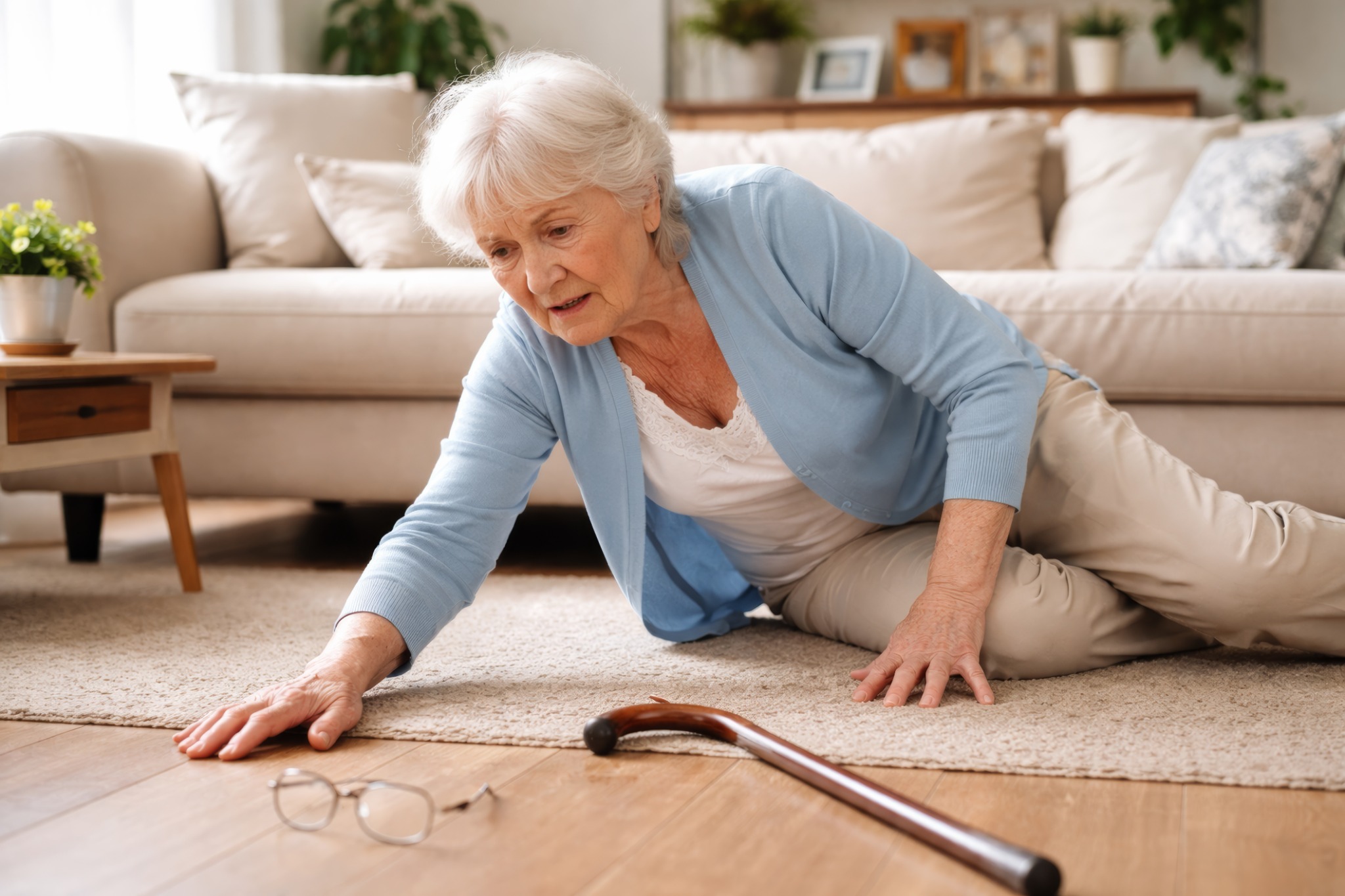 Older woman on the floor at home reaching toward her glasses, with a cane nearby