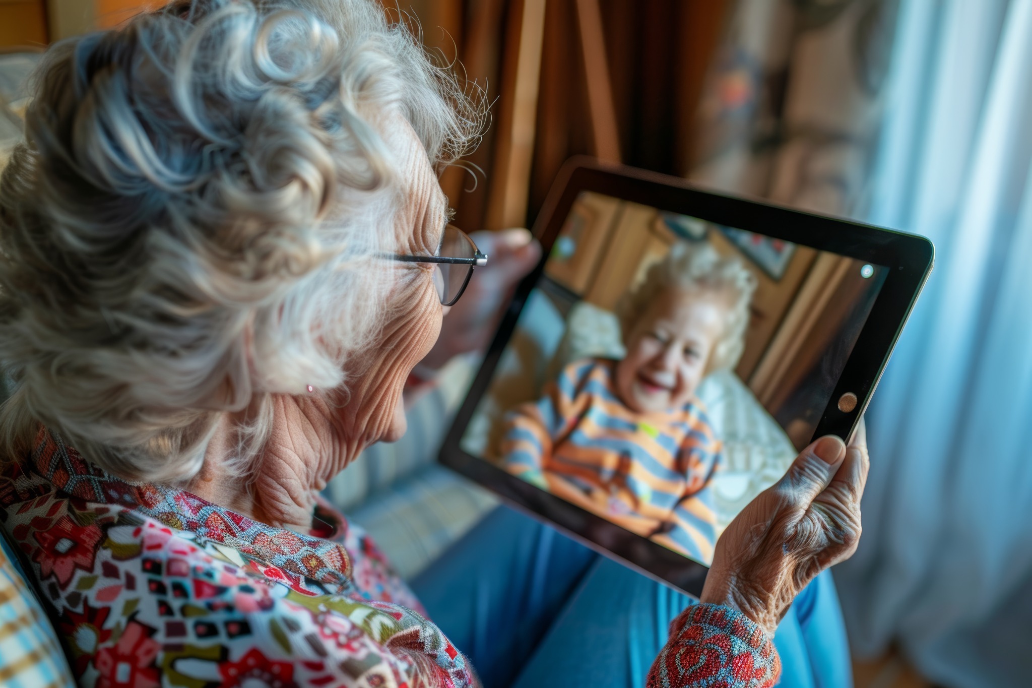 Older adult enjoying a video call with a child on a tablet